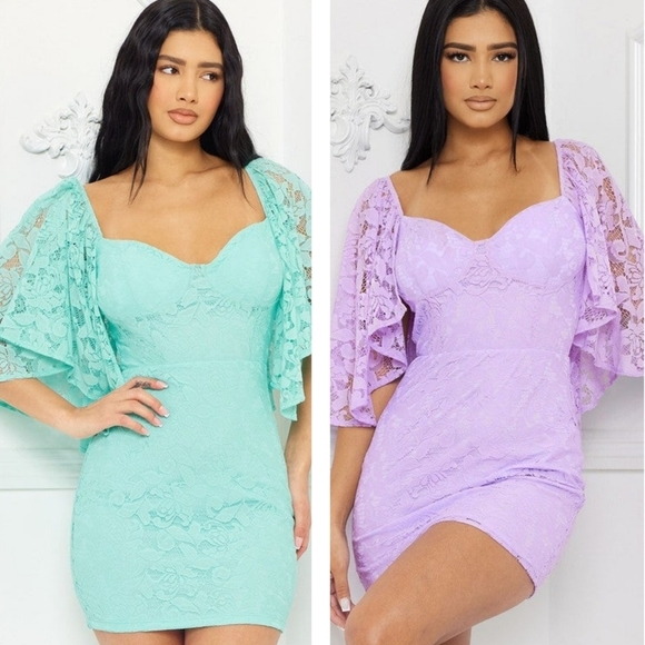 Boutique Lace Cape Sleeve Mini Dress Aqua Mint Green - Picture 9 of 13